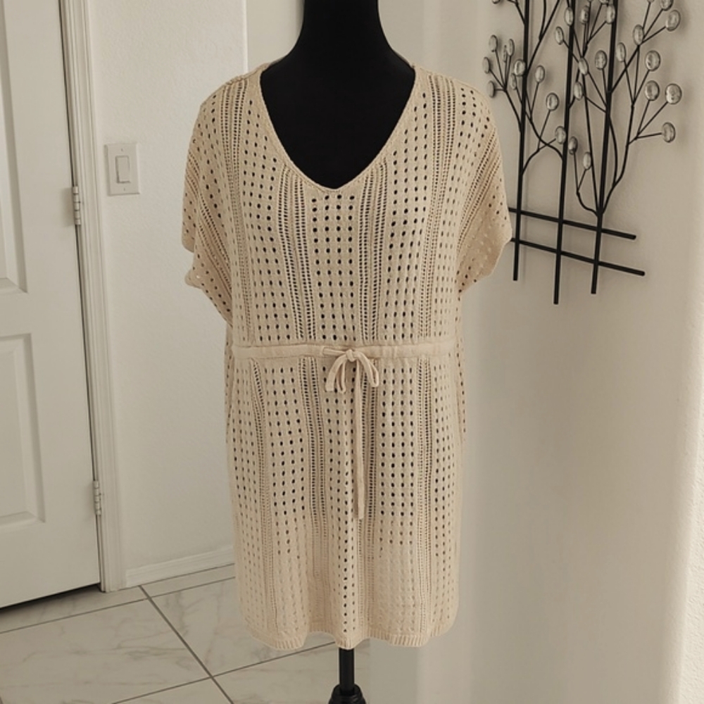 Like New Merokeety Nude Tan Open Weave Knit Tunic Short Cap Sleeves XXL Top